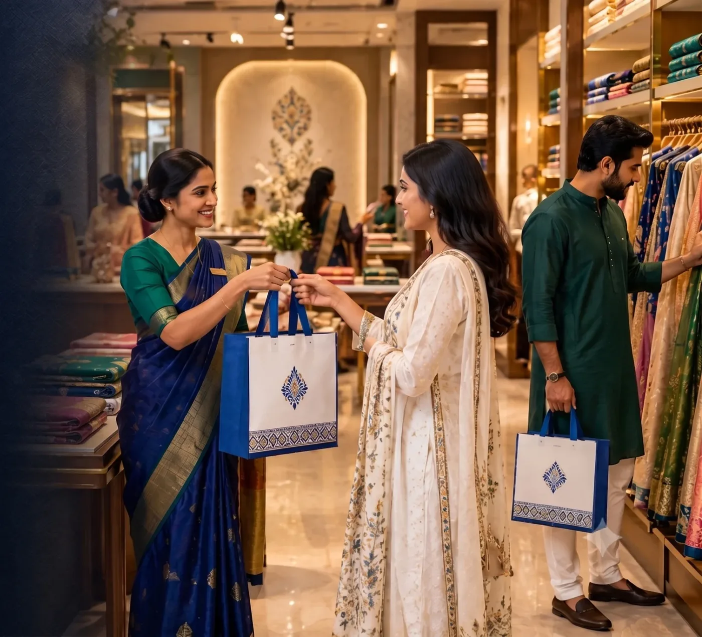 A shopper receiving a printed non woven bag in a clothing store