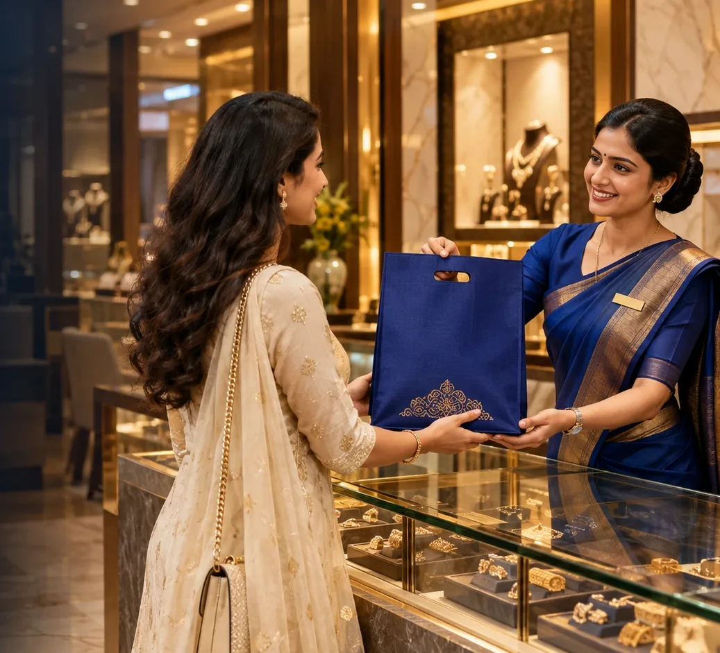A customer being handed a navy non woven bag across a jewellery showroom counter