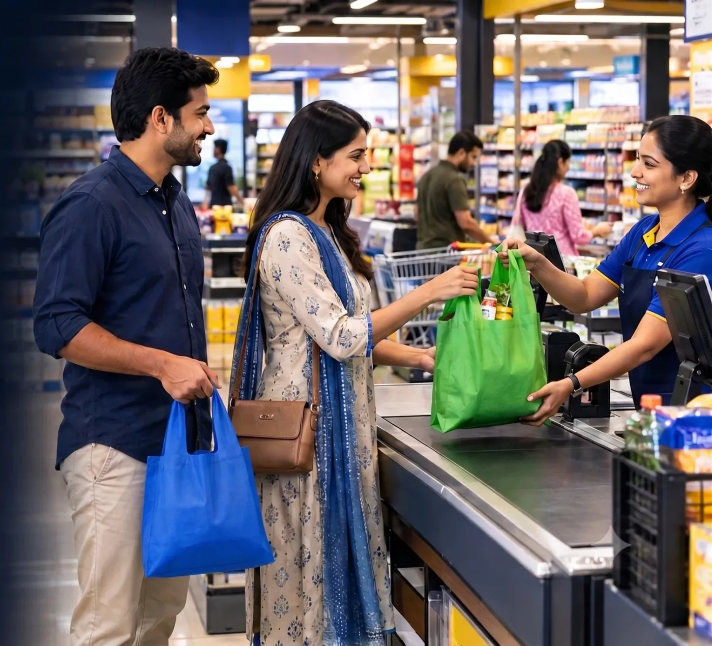Shoppers with blue and green non woven bags at a supermarket billing counter