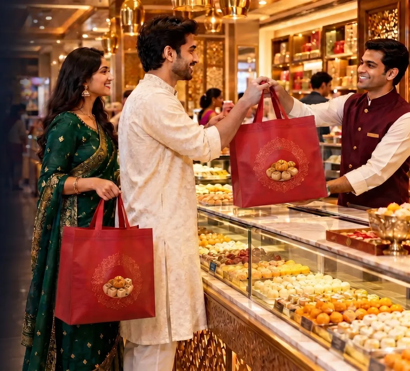 A couple carrying red non woven bags at a sweet shop counter